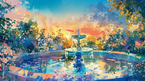 a romantic colorful garden with a fountain pond, blue sky, beautiful sundown photo