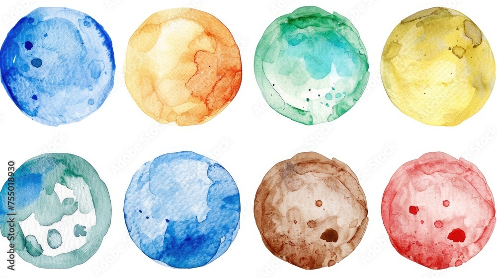 Hand-Painted Watercolor Circles. Set of Abstract Round Shapes in Blue, Yellow, Brown, Red, Green Colors for Designs & Illustrations