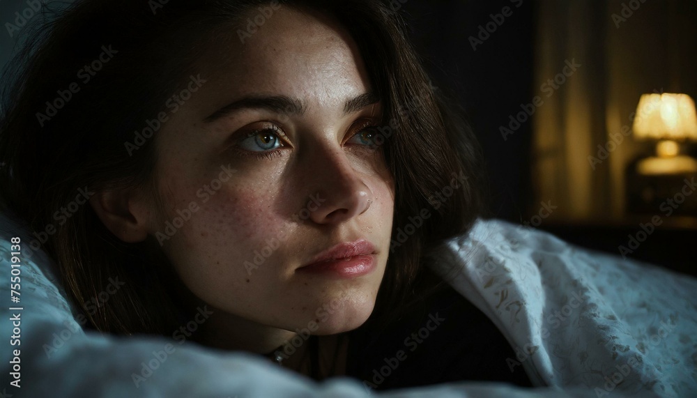 Raw emotion etched on the face of a woman in bed, reflecting the lonely struggle of depression Raw emotion etched on the face of a woman in bed, reflecting the lonely struggle of depression