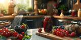 Homemade jam in a glass jar placed on a kitchen counter amidst an array of fresh berries and fruits