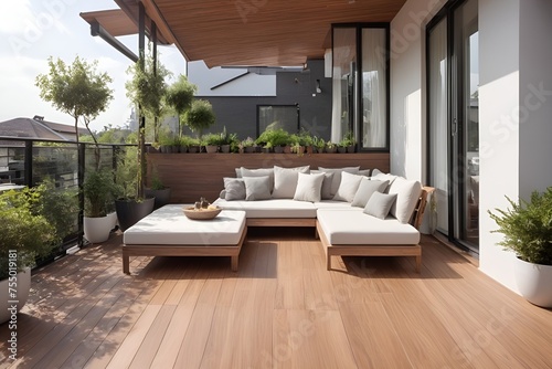 Beautiful modern terrace with wooden flooring, green flowers and outdoor furniture.