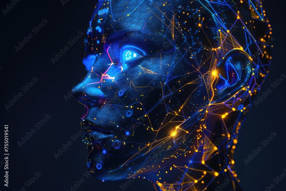 Humanoid Head with Vibrant Neon Neural Network. Futuristic Technology & AI Design Element in Half Face View with Blue & Yellow Eyes