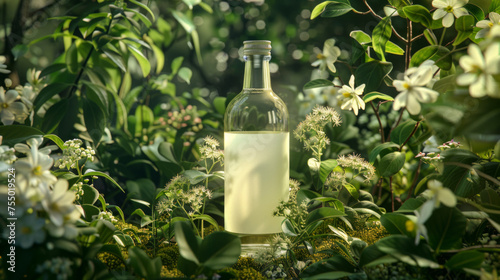 An elegant bottle of white wine nestled among lush white flowers and greenery in a tranquil setting