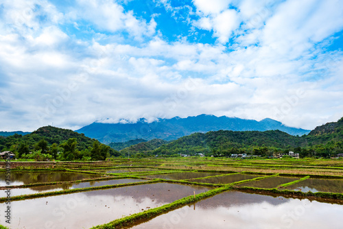 Mai Chau village landscape with rice paddy fields in North Vietnam. Mai Cau is a countryside are popular for tourists