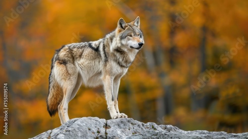 Grey Wolf on a Rocky Background, Captured in Beautiful Autumn Setting in Canada - Close up of a Mighty Canino Carnivore © Serhii