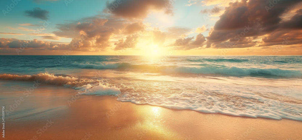 Stunning sunset/sunrise over ocean, soft waves, sandy beach, colorful sky. Generative AI