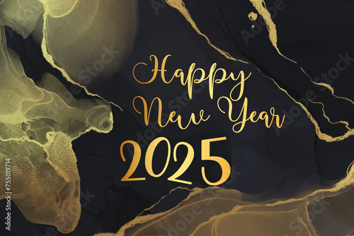 card or banner to wish a happy new year 2025 in gold on a black background with gold-colored branches