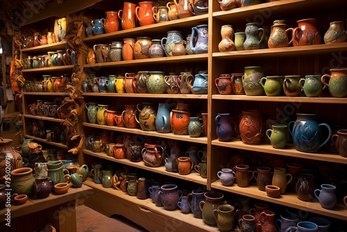 Artistic Pottery vases art shelves. Old pot. Generate Ai