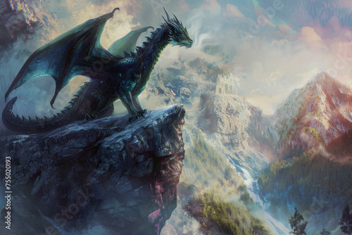 A majestic dragon, wings outstretched, perches on a rocky cliff © mila103