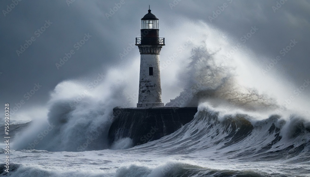 Storm with big waves over the lighthouse at theocean