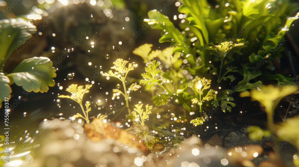 a close up of a bunch of plants with drops of water on the plants leaves and water droplets on the ground. a close up of a bunch of plants with drops of water on the plants leaves and water droplets on the ground.