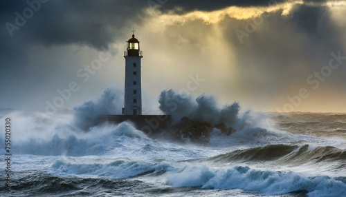Storm with big waves over the lighthouse at theocean © Marko