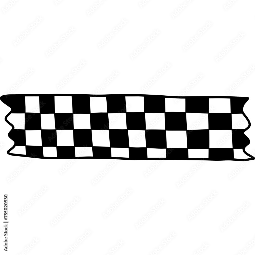Fototapeta premium Cute doodle washi tape stripe with checkered pattern. Adhesive tape with chess black and white ornament. Aesthetic decorative scotch tape with ragged edges for scrapbook, planner, notebook, craft.