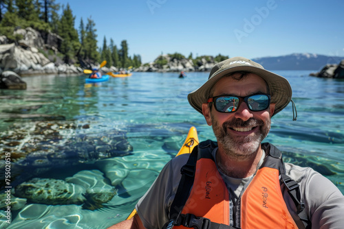 A man smiling and kayaking on a clear lake