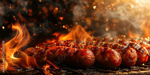 Grilled sausages cooking on a barbecue grill with flames and smoke in the background