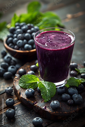 Blueberry smoothie topped with fresh mint leaves on wooden table