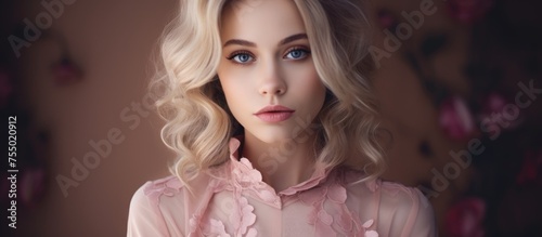 Wallpaper Mural The woman with long layered blonde hair and stunning blue eyes is wearing a beautiful pink dress at the event. Her eyelashes accentuate her jawline and complement her overall look Torontodigital.ca