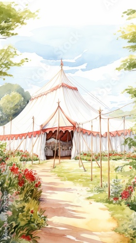 Illustration Wedding tent for a summer wedding celebration in nature  a tent surrounded by flowers
