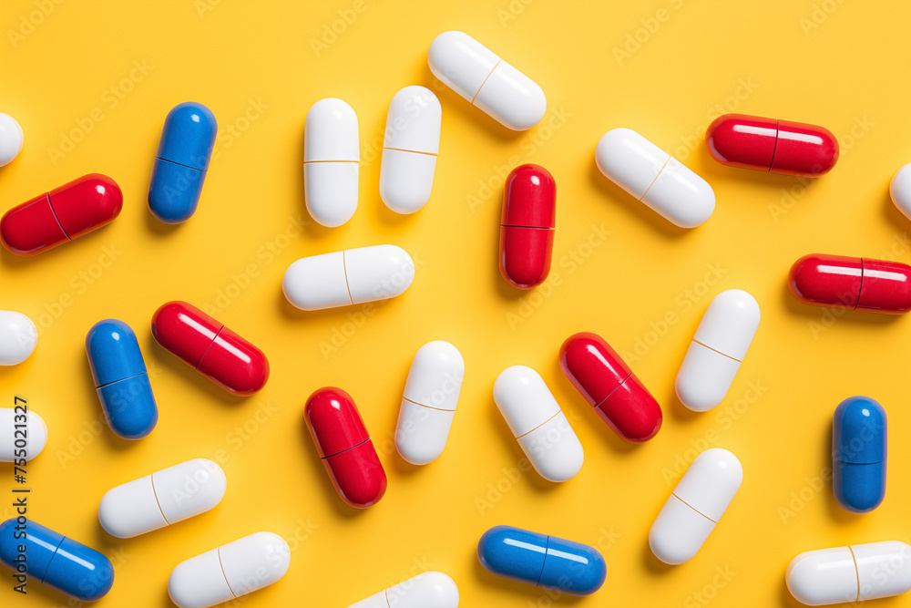 Colorful red, white, and blue capsules on a vibrant yellow background. This product is a pharmaceutical drug that provides health care as painkiller and supplement Colorful red, white, and blue capsules on a vibrant yellow background. This product is a pharmaceutical drug that provides health care as painkiller and supplement