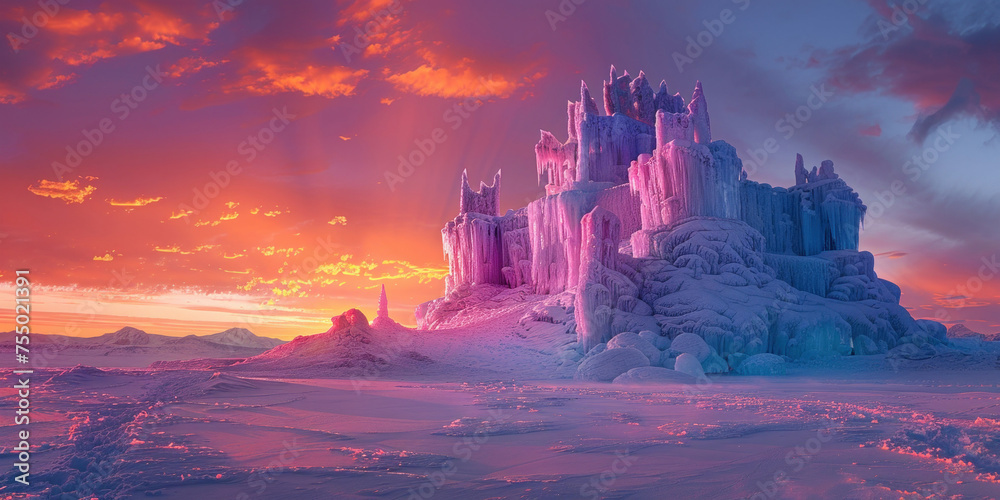 Majestic Frozen Castle in Snow at Sunset with Clouds in Background Under Golden Light
