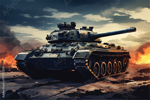 An illustration of an Army tank in combat. A scene from a battleground including a military machine tank. A combat tank. Battle-tank. army tank in the military. Armament Car. War machine. Tank. 