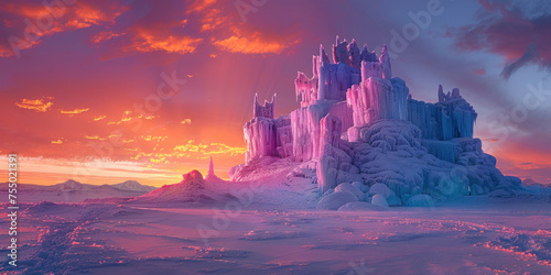 Majestic Frozen Castle in Snow at Sunset with Clouds in Background Under Golden Light