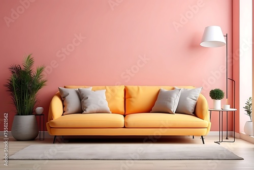 Interior of modern living room with white sofa and bright wall