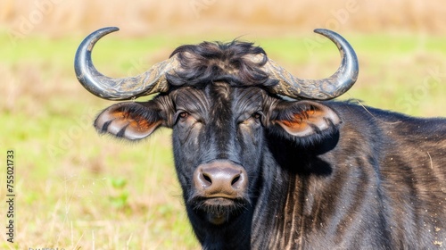 a close up of a bull with horns on it's head standing in a field with grass and weeds. © Olga