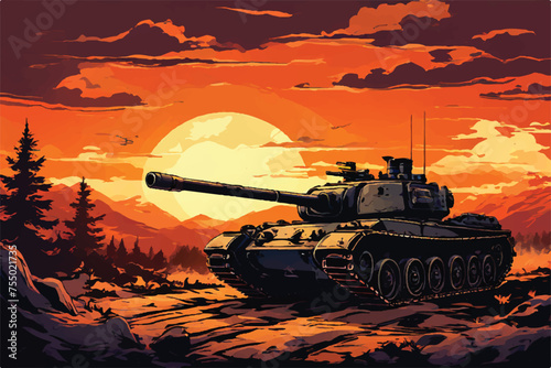 Illustration of a Army tank on battlefield. A Battlefield Landscape with war machine tank. Illustration of a military tank. Combat vehicle. Military army tank. Military Vehicle. photo