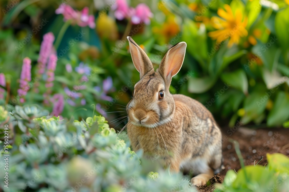 Fototapeta premium rabbit in the garden surrounded by flowers and greenery