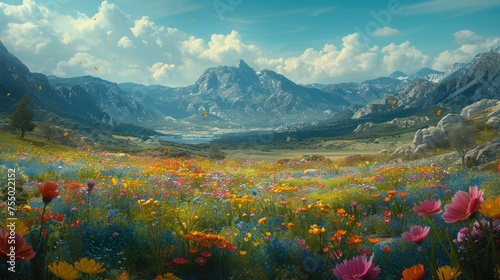 a painting of a field of wildflowers in front of a mountain range with a valley in the background.