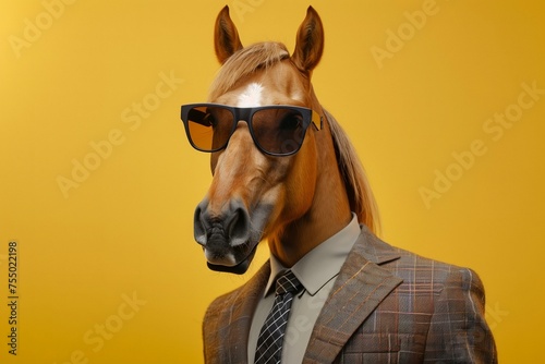 Portrait of an elegant race horse in suit with tie and sunglasses against yellow background.   © Generative ART