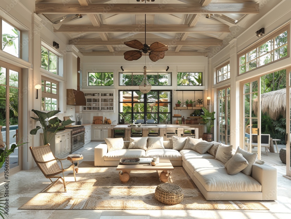 Fototapeta premium The interior combines a living room and a kitchen.