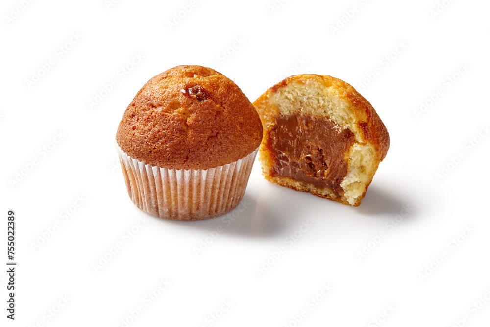 Sweet fluffy muffins filled with apple jam on white Sweet fluffy muffins filled with apple jam on white