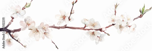 Watercolor illustration of a branch of a blossoming cherry Sakura on a white background  spring flowers