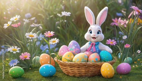 Easter scene with rabbit and colorful eggs. Small rabbit in yellow flower pot. Depicting rabbit in festive spring scene.