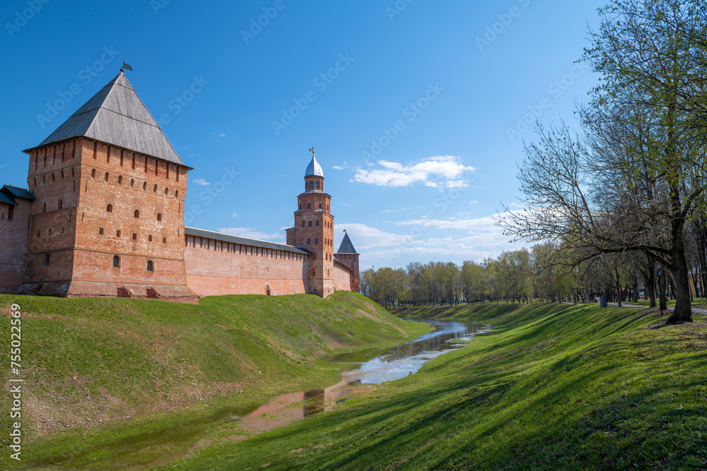 Sunny April day at the ancient Detinets (Kremlin) of Veliky Novgorod. Russia