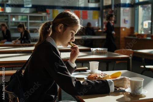 Young girl schoolgirl having lunch in the school canteen photo