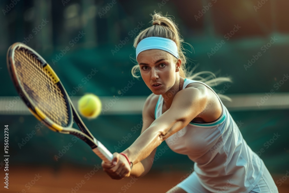 Tennis matches, strong girl tennis player hitting a tennis ball with a racket - obrazy, fototapety, plakaty 