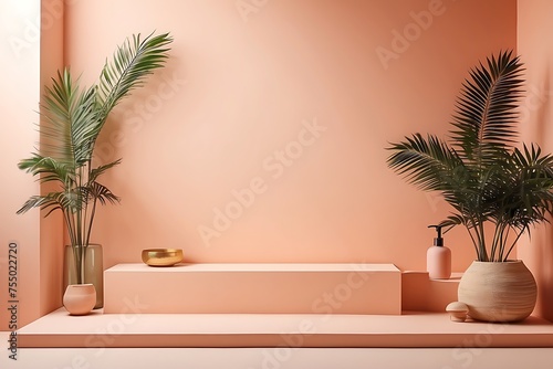 minimal product display podium with palm leaf. Podium for cosmetic product presentation.