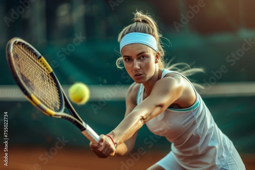 Tennis matches, strong girl tennis player hitting a tennis ball with a racket © pundapanda