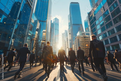 Urban business movement: Large crowd navigates streets flanked by corporate buildings