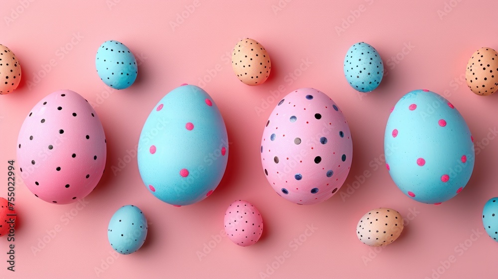 a group of painted eggs sitting on top of a pink surface with polka dot dots on the top of them. a group of painted eggs sitting on top of a pink surface with polka dot dots on the top of them.