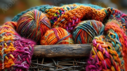 a close up of a basket of yarn with a wooden stick in the middle of the basket and a ball of yarn in the middle of the basket.