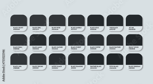 Black Color Guide Palette with Color Names. Catalog Samples are Black with RGB HEX codes and Names. Metal Colors Palette Vector, Wood and Plastic Dark Color Palette, Fashion Trend Black Color Palette