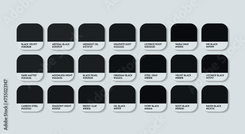 Black Color Guide Palette with Color Names. Catalog Samples are Black with RGB HEX codes and Names. Metal Colors Palette Vector, Wood and Plastic Dark Color Palette, Fashion Trend Black Color Palette