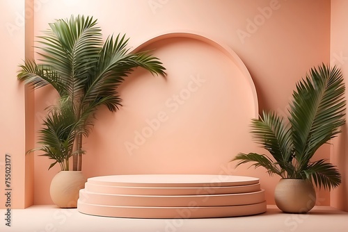 minimal product display podium with palm leaf. Podium for cosmetic product presentation.