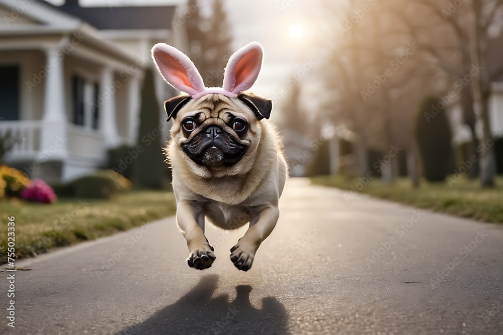 Pug dog in easter bunny ears running on the road.