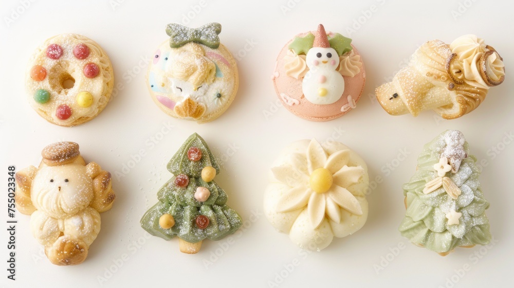 a group of small decorated cookies sitting on top of a white table next to a cupcake on top of a plate.
