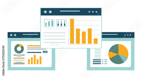concept of working with data and analyzing information, open windows with information, graphs and charts